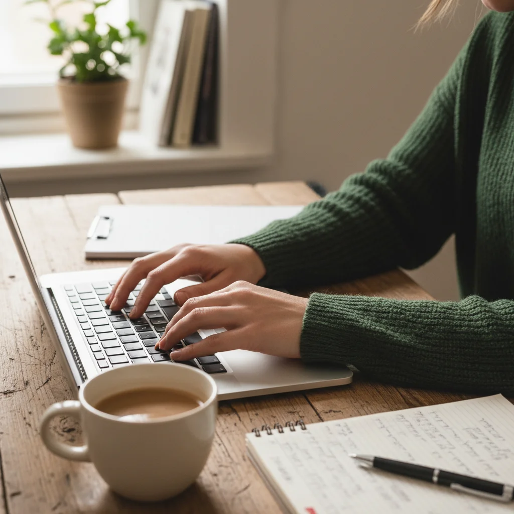 Trainer typing on a laptop at a wooden desk with coffee and notes