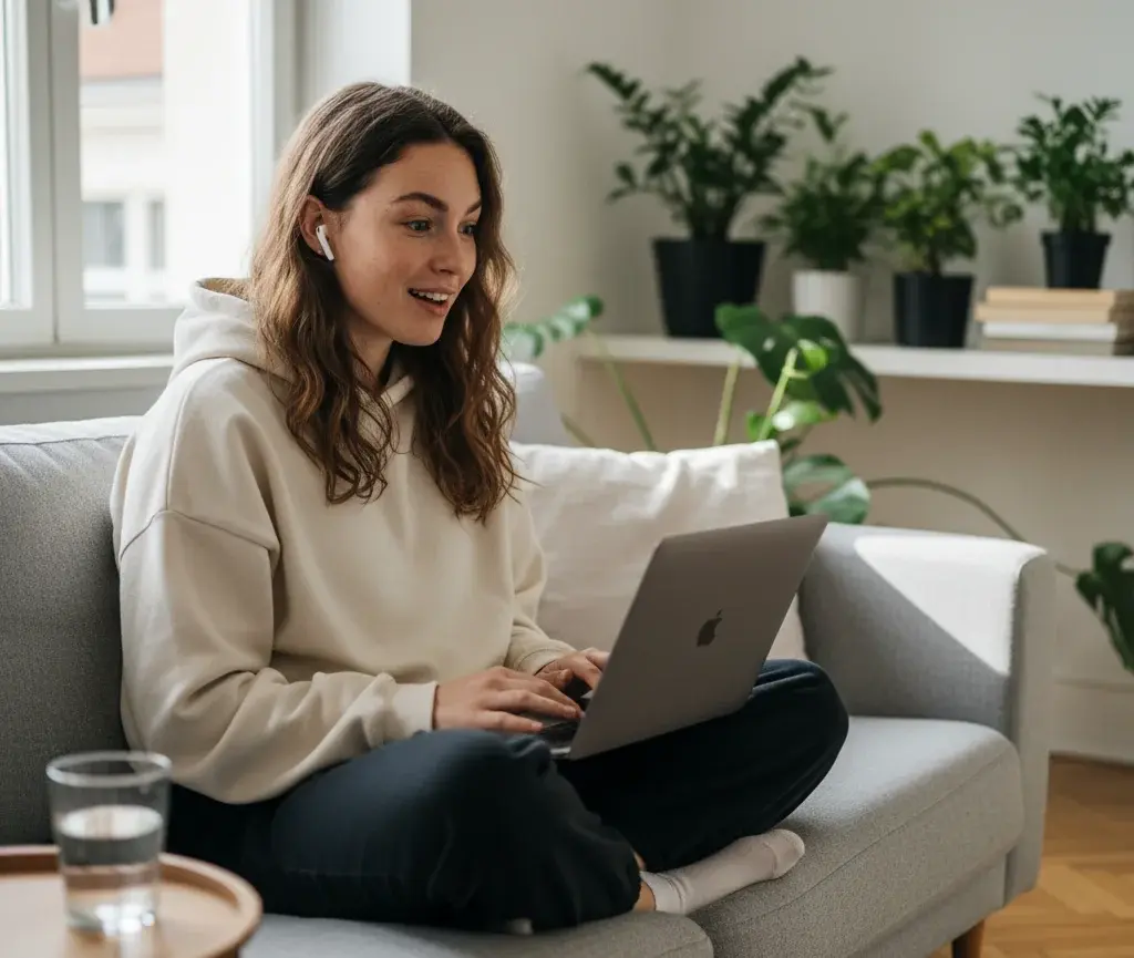 Young woman on a couch with earbuds and a laptop, smiling during a practice conversation